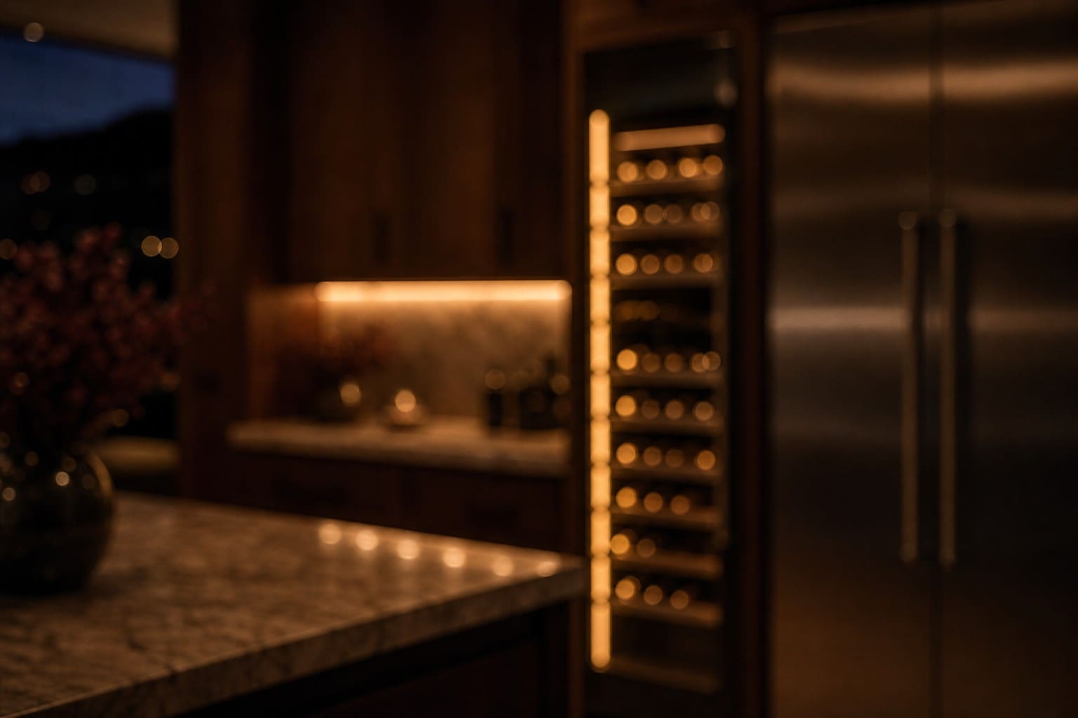 Out-of-focus dark Los Gatos luxury kitchen with warm amber bokeh and the glow of a built-in wine column
