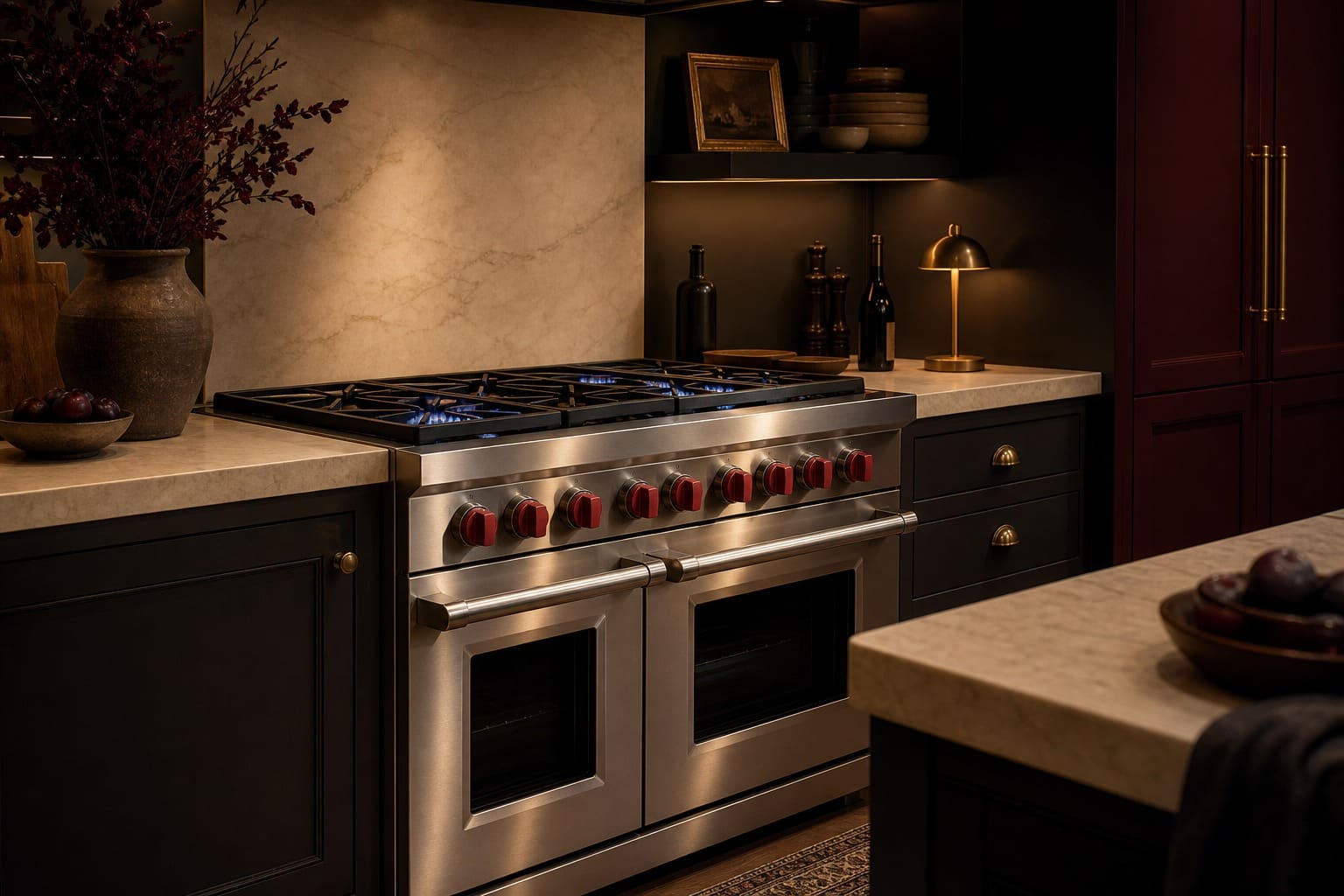 Wolf professional range in a Los Gatos foothill estate kitchen