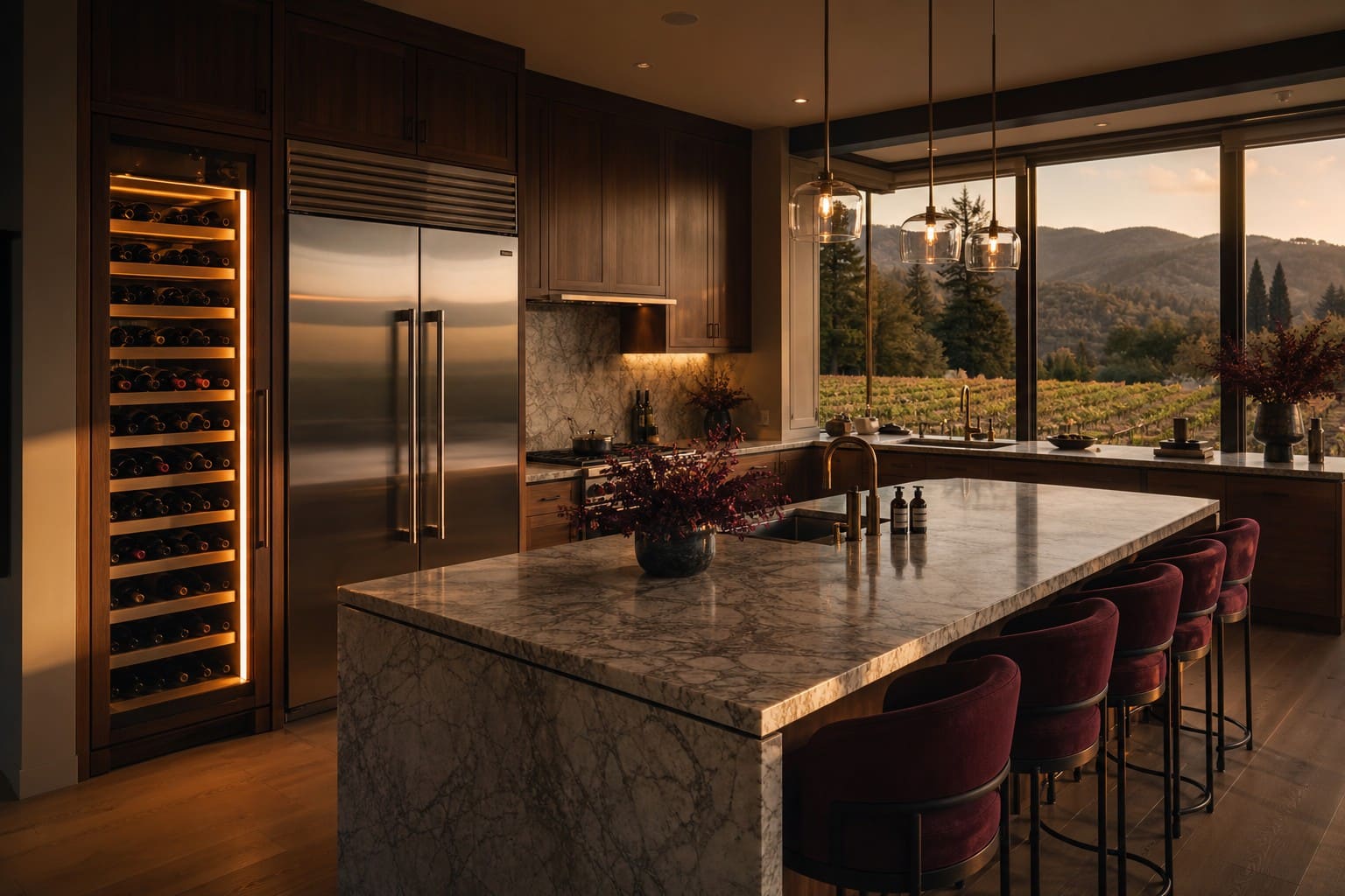 Editorial view of a Los Gatos foothill estate kitchen with a glowing multi-zone Sub-Zero wine column at golden hour