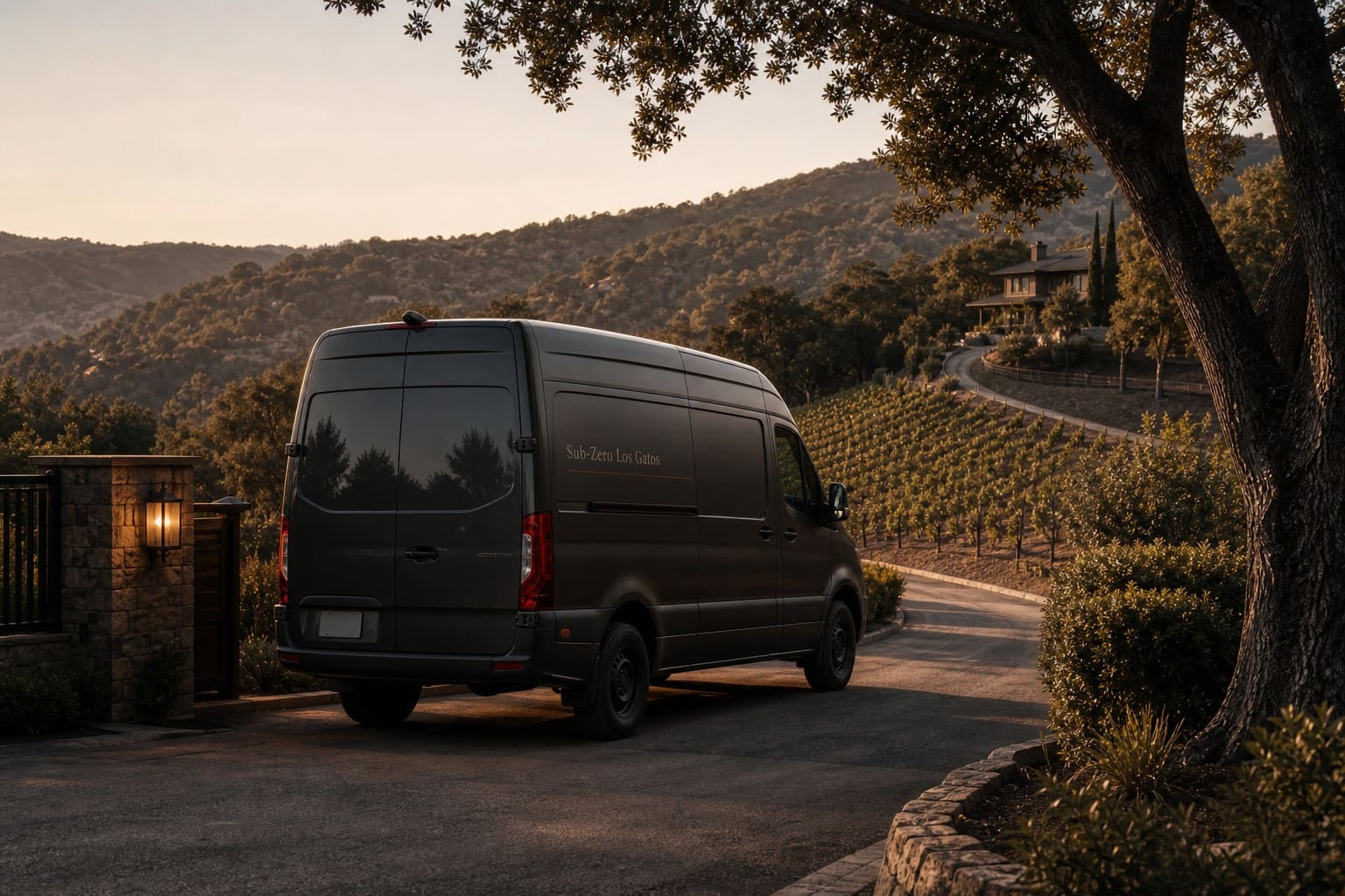 Charcoal Sub-Zero Los Gatos service van parked at the top of a long driveway of a hillside estate at dusk