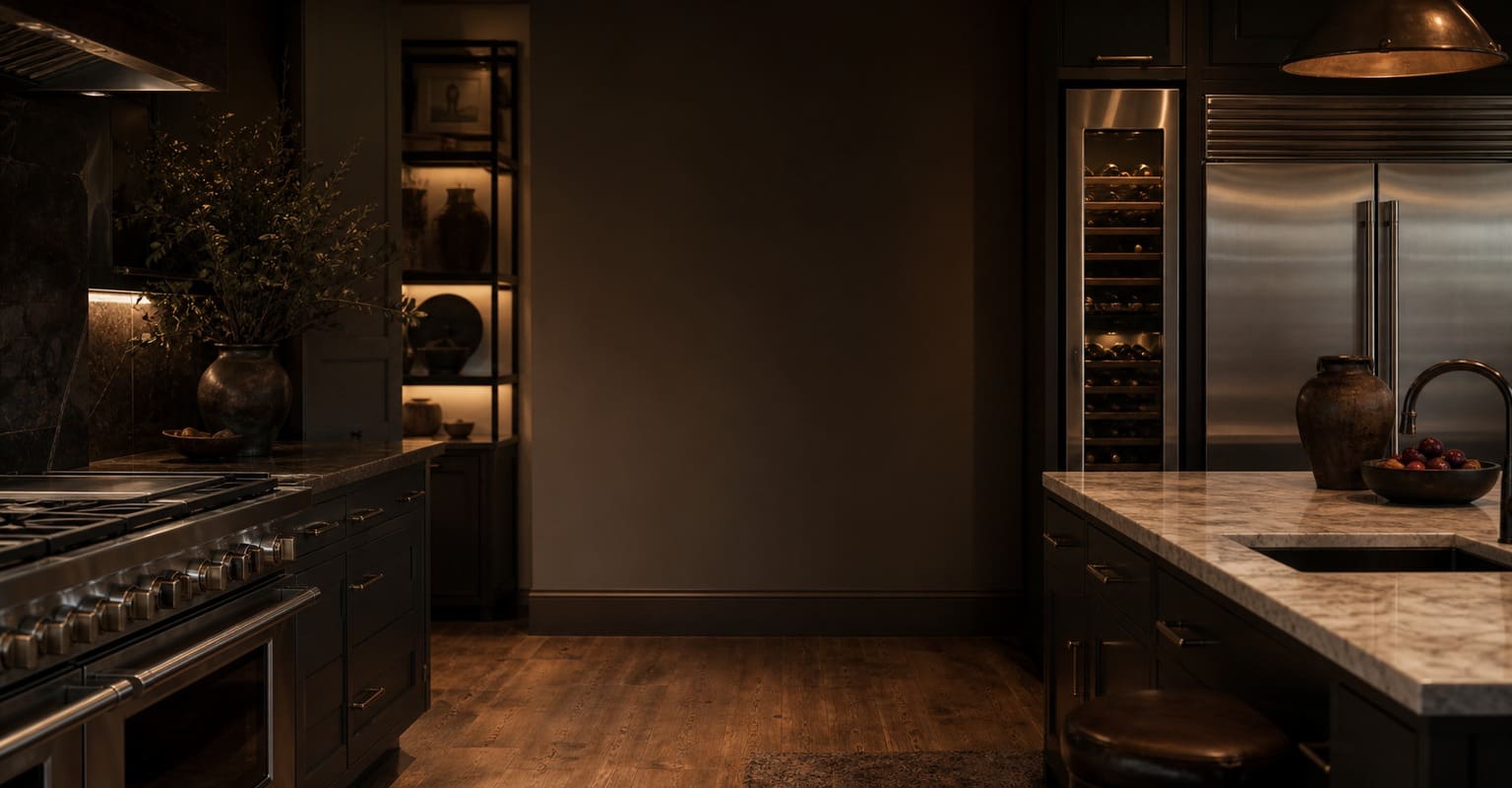 Dimly lit Los Gatos foothill estate kitchen with a warm amber glow at night
