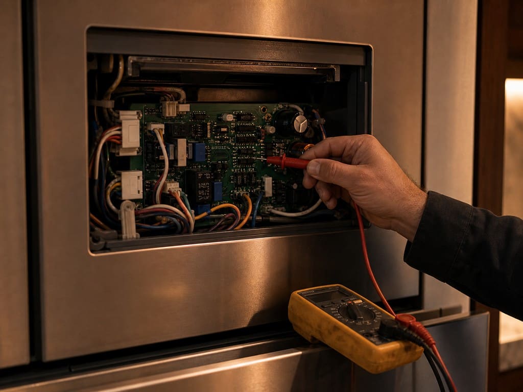 Technician's multimeter probe at a built-in Sub-Zero refrigerator control board and wiring