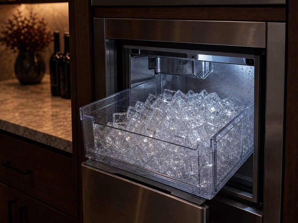 Built-in Sub-Zero clear-ice maker with bin pulled out, full of clear ice cubes