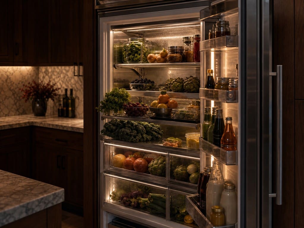 Open stainless built-in Sub-Zero refrigerator full of food in a Los Gatos estate kitchen