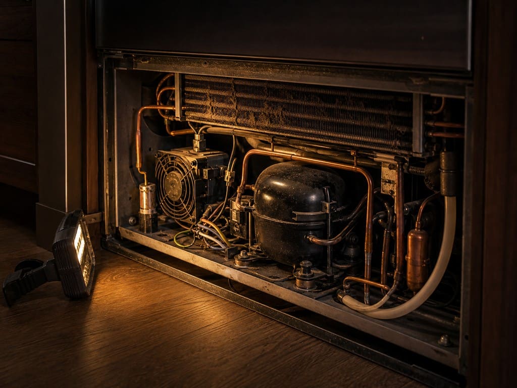 Lower mechanical compartment of a built-in refrigerator showing compressor and sealed-system tubing