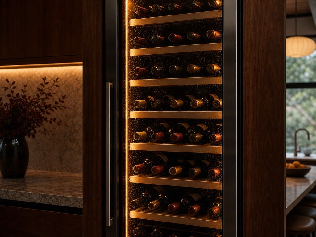 Built-in multi-zone Sub-Zero wine column glowing amber, stocked with bottles in a Los Gatos foothill kitchen