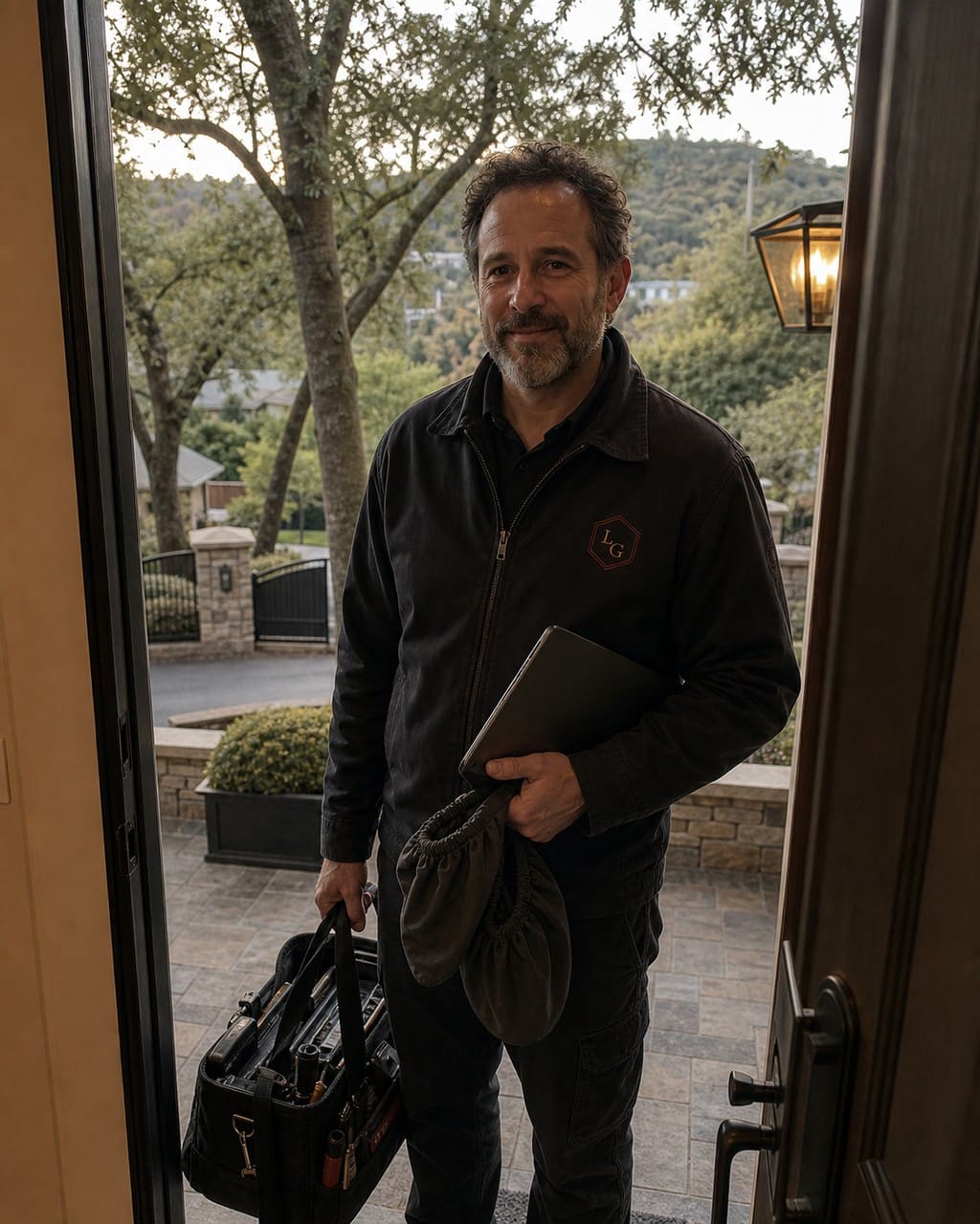 Technician in charcoal uniform at the front door of a Los Gatos hillside home with shoe covers and a tablet