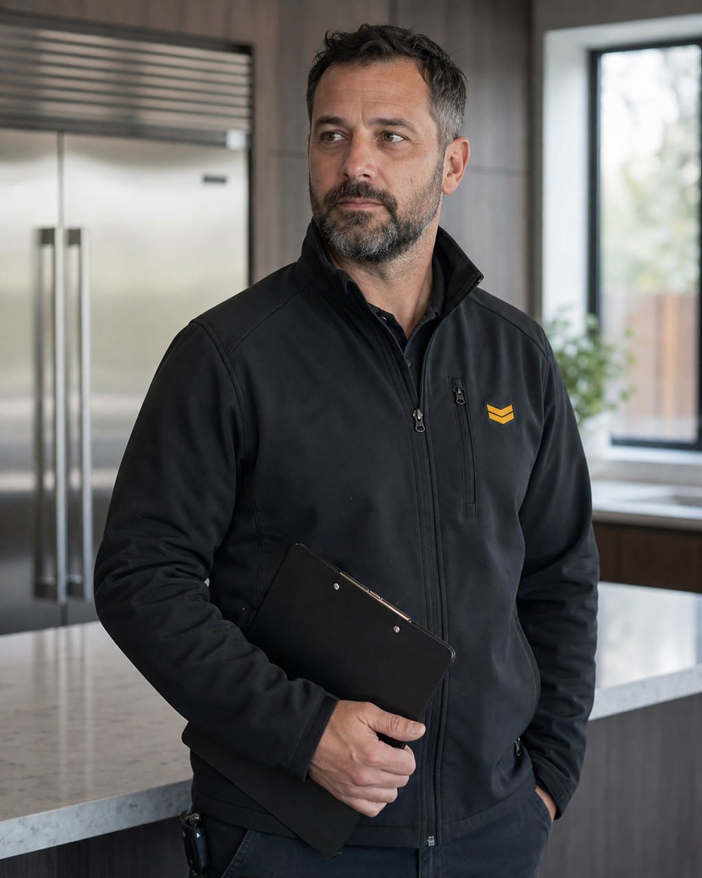 Environmental portrait of the lead technician in a charcoal jacket beside a glowing wine column in a Los Gatos estate kitchen