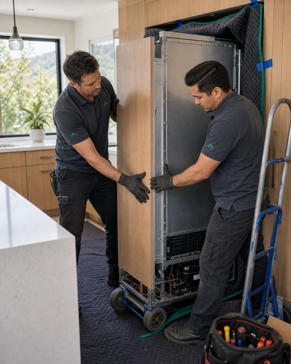 Two technicians sliding a heavy built-in Sub-Zero refrigerator out of custom cabinetry