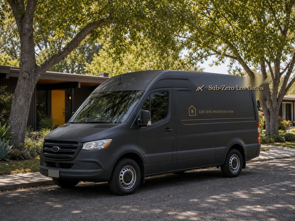 Charcoal Sub-Zero Los Gatos service van parked on a tree-lined foothill street