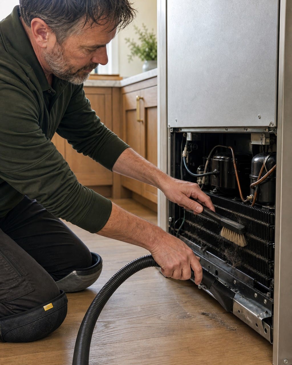 Hands clearing dust from the condenser and fan behind the upper grille of a built-in Sub-Zero