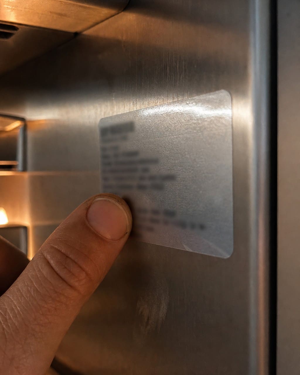 Macro photo of a thumb pointing at the silver model and serial number sticker inside a built-in Sub-Zero refrigerator cavity