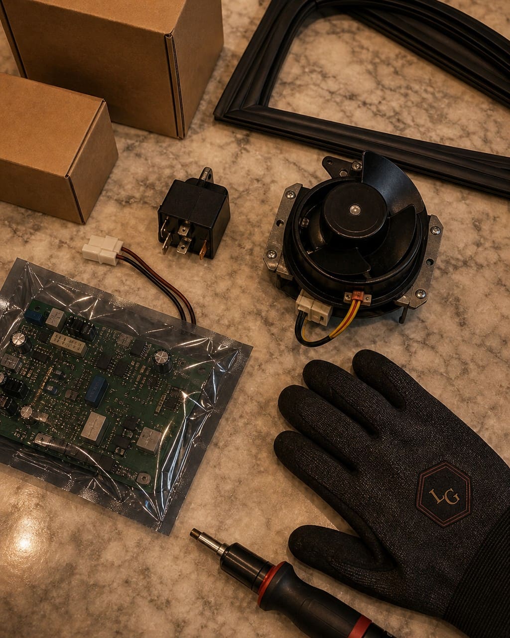 Genuine OEM Sub-Zero parts laid out on a marble counter, matched to a unit's model and serial number