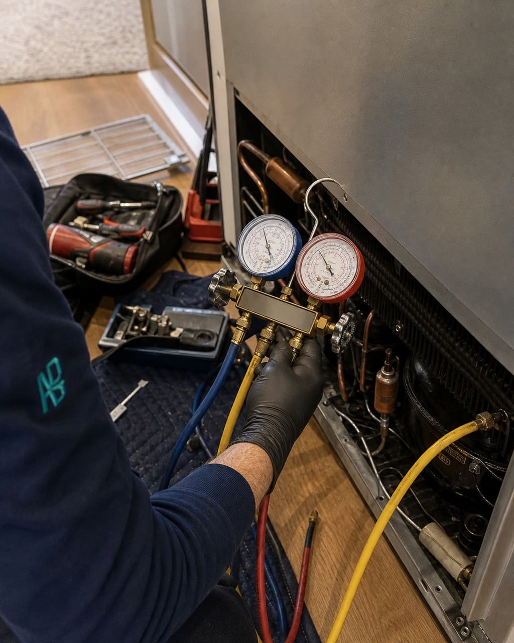 Technician with diagnostic gauges at the compressor and sealed system of a built-in Sub-Zero, isolating a noise source